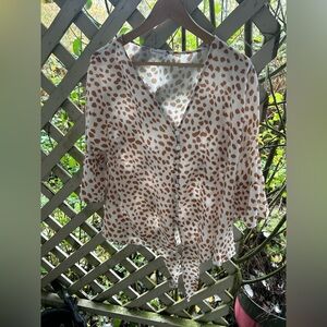 🐆 Kancystore Burnt Orange Abstract Animal Print Tie-Front Blouse L 🐆